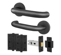 Afit Matt Black Door Handles Latch 64mm And Hinge Kit, 19mm Return To Door Lever On Rose Handles, 53mm Rose, Black