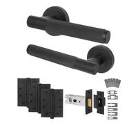 Afit Matt Black Door Handles Latch Kit - Fir Fd30/60, 1 Pair Knurled Internal Handles, Latch 76mm, Hinges - Nurl