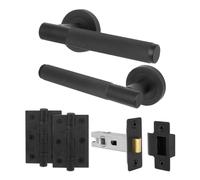AFIT Matt Black Door Handles Rose Latch Kit, 1 Pair Knurled with Hinges | Size: 150mm x 150mm AFIT Black 150mm x 150mm