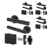 Afit Matt Black Door Handles Round Rose Latch Kit, 4 Pairs Knurled Internal Lever Handles, Latches 64mm And Hinges - Nurl