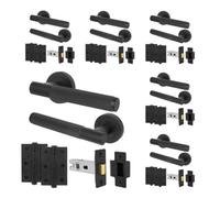 Afit Matt Black Door Handles Round Rose Latch Kit, 6 Pairs Knurled Internal Lever Handles, Latches 64mm And Hinges - Nurl
