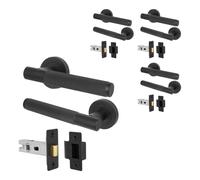 AFIT Matt Black Door Handles Round Rose with Latch, 4 Pairs Knurled | Size: 150mm x 150mm AFIT Black 150mm x 150mm