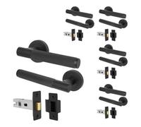 Afit Matt Black Door Handles Round Rose With Latch, 5 Pairs Of Knurled Internal Lever Handles, Latch 64mm - Nurl