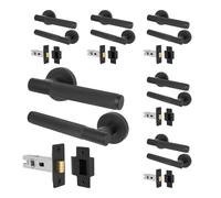 AFIT Matt Black Door Handles Round Rose with Latch, 6 Pairs Knurled | Size: 150mm x 150mm AFIT Black 150mm x 150mm