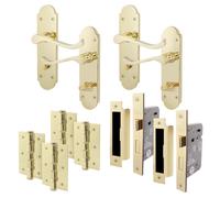 Afit Polished Brass Bathroom Scroll Door Handle Set With Wc Lock And Hinges Pack Of 2 Shaped Victorian Scroll Range