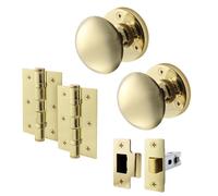 Afit Polished Brass Door Knob Set - 1 Pair Of Victorian Mortice Knobs (55mm), Latch (76mm) & Hinges (76mm)