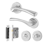 Afit Polished Chrome Bathroom Door Handle Round Rose Kit, 1 Pair Of Internal Lever Handles With Lock 64mm - Novi