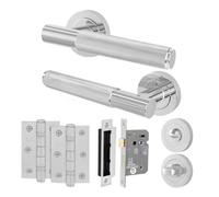 Afit Polished Chrome Bathroom Door Handle Round Rose Kit, 1 Pair Of Knurled Internal Lever Handles, Lock 64mm, Hinges - Nurl