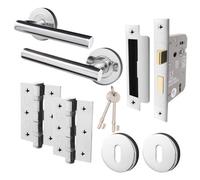 Afit Polished Chrome Key Lock Door Handle Set Sash Lock (64mm), Hinges & 2 Escutcheons Olvera Range