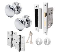 Afit Polished Chrome Key Lock Door Knob Set - 1 Pair Of Victorian Mortice Knobs (55mm), Sash Lock (80mm) & Hinges (76mm)