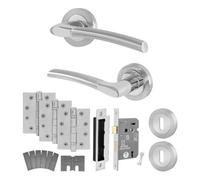 Afit Polished Chrome/satin Door Handle Key Lock Kit-Fir Fd30/60, 1 Pair Of Internal Lever Handles, Lock 80mm, Hinges-Boston