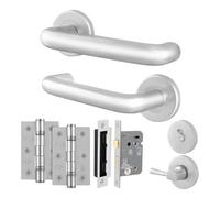 Afit Satin Aluminium Door Handles Bathroom Lock 64mm And Hinge Kit, 19mm Return To Door Lever On Rose Handles, Satin