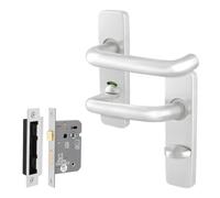 Afit Satin Aluminium Door Handles Bathroom Lock 64mm Kit, 19mm Return To Door Lever On Backplate Handles, Satin Finish