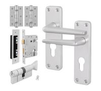 Afit Satin Aluminium Door Handles Euro Cylinder Lock And Hinge Kit, Contract Style Lever On Backplate Satin Handles