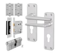 Afit Satin Aluminium Door Handles Euro Cylinder Lock And Hinge Kit, Contract Style Lever On Backplate Satin Handles
