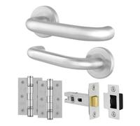 Afit Satin Aluminium Door Handles Latch 64mm And Hinge Kit, 19mm Return To Door Lever On Rose Handles, 53mm Rose, Satin