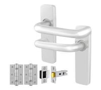 Afit Satin Aluminium Door Handles Latch 76mm And Hinge Kit, 19mm Return To Door Lever On Backplate Handles, Satin Finish