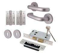 Afit Satin Aluminium Return To Door Lever On Rose Door Handle Kit - 3 Lever Lock
