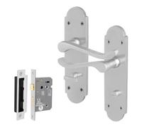 Afit Satin Bathroom Door Handle Set, 1 Pair Of Internal Satin Chrome Victorian Scroll Backplate Handle And Lock 64mm