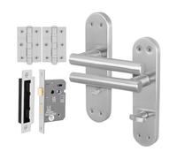 Afit Satin Bathroom Door Handle Set, 1 Pair Of Internal T-Bar Satin Nickel Backplate Handles, Lock (80mm), Hinges - Olvera
