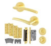 Afit Satin Brass Bathroom Door Handle Kit - Fire Rated Fd30/60, 1 Pair Of Internal Lever Handles, Lock 80mm, Hinges - Boston