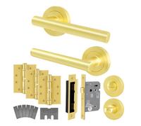 Afit Satin Brass Bathroom Door Handle Kit - Fir Fd30/60, 1 Pair Of Internal Lever Handles, Lock 80mm, Hinges - Olvera
