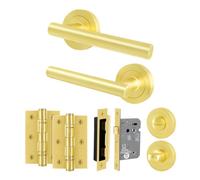 Afit Satin Brass Bathroom Door Handle Round Rose Kit, 1 Pair Of Internal Lever Handles, Lock 80mm, Hinges - Olvera