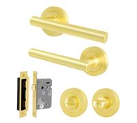 Afit Satin Brass Bathroom Door Handle Round Rose Kit, 1 Pair Of Internal Lever Handles With Lock 64mm - Olvera