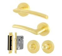 Afit Satin Brass Bathroom Door Handle Round Rose Kit, 1 Pair Of Internal Lever Handles With Lock 64mm - Boston