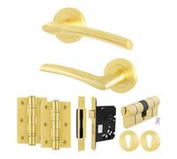 Afit Satin Brass Door Handle Euro Lock And Double Cylinder Kit, 1 Pair Of Internal Handles, Locks, Hinges - Boston