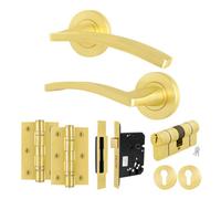 Afit Satin Brass Door Handle Euro Lock And Double Cylinder Kit, 1 Pair Of Internal Handles, Locks, Hinges - Ebley