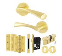 Afit Satin Brass Door Handle Euro Lock And Double Cylinder Kit, 1 Pair Of Internal Handles, Locks, Hinges - Novi