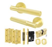 Afit Satin Brass Door Handle Euro Lock And Double Cylinder Kit, 1 Pair Of Knurled Internal Handles, Locks, Hinges - Nurl