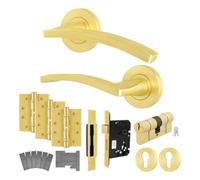Afit Satin Brass Door Handle Euro Lock And Double Cylinder Kit - Fir Fd30/60 1 Pair Internal Handles, Locks, Hinges - Ebley