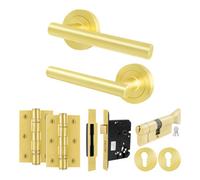 Afit Satin Brass Door Handle Euro Lock And Turn Cylinder Set, 1 Pair Of Internal Handles, Locks, Hinges - Olvera