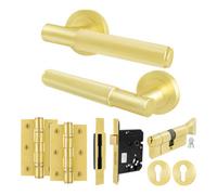 Afit Satin Brass Door Handle Euro Lock And Turn Cylinder Set, 1 Pair Of Knurled Internal Handles, Locks, Hinges - Nurl