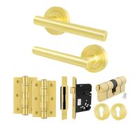 AFIT Satin Brass Door Handle Euro Lock Double Cylinder Hinges Complete Set in Gold | Size: 150mm x 150mm AFIT Gold 150mm x 150mm