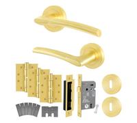 Afit Satin Brass Door Handle Key Lock Kit - Fir Fd30/60, 1 Pair Of Internal Lever Handles, Lock 80mm, Hinges - Boston