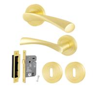 Afit Satin Brass Door Handle Round Rose Key Lock Kit, 1 Pair Internal Lever Handles With Lock 64mm - Novi Range
