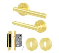 Afit Satin Brass Door Handle Round Rose Key Lock Kit, 1 Pair Internal Lever Handles With Lock 64mm - Olvera Range