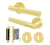 Afit Satin Brass Door Handle Round Rose Key Lock Kit, 1 Pair Knurled Internal Lever Handles With Lock 64mm - Nurl Range