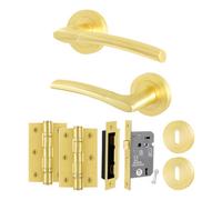 Afit Satin Brass Door Handle Round Rose Key Lock Kit, 1 Pair Of Internal Lever Handles, Lock 64mm And Hinges - Boston