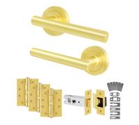 Afit Satin Brass Door Handles Latch Kit - Fir Fd30/60, 1 Pair Internal Handles, Latch 76mm, Hinges - Olvera
