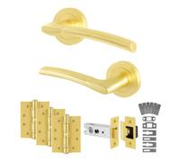 Afit Satin Brass Door Handles Latch Kit - Fire Rated Fd30/60, 1 Pair Internal Handles, Latch 76mm, Hinges - Boston