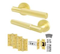 Afit Satin Brass Door Handles Latch Kit - Fir Fd30/60, 1 Pair Knurled Internal Handles, Latch 76mm, Hinges - Nurl