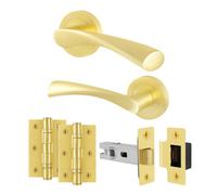 Afit Satin Brass Door Handles Round Rose Latch Kit, 1 Pair Internal Lever Handles, Latch 64mm And Hinges - Novi