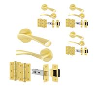 Afit Satin Brass Door Handles Round Rose Latch Kit, 4 Pairs Internal Lever Handles, Latches 64mm And Hinges - Novi