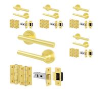 Afit Satin Brass Door Handles Round Rose Latch Kit, 5 Pairs Internal Lever Handles, Latches 64mm And Hinges - Olvera