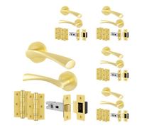 Afit Satin Brass Door Handles Round Rose Latch Kit, 5 Pairs Internal Lever Handles, Latches 64mm And Hinges - Novi