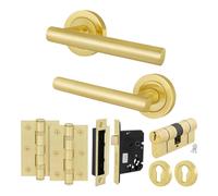 AFIT Satin Brass Euro Cylinder Door Handle Lock Hinges Complete Set in Gold | Size: 150mm x 150mm AFIT Gold 150mm x 150mm